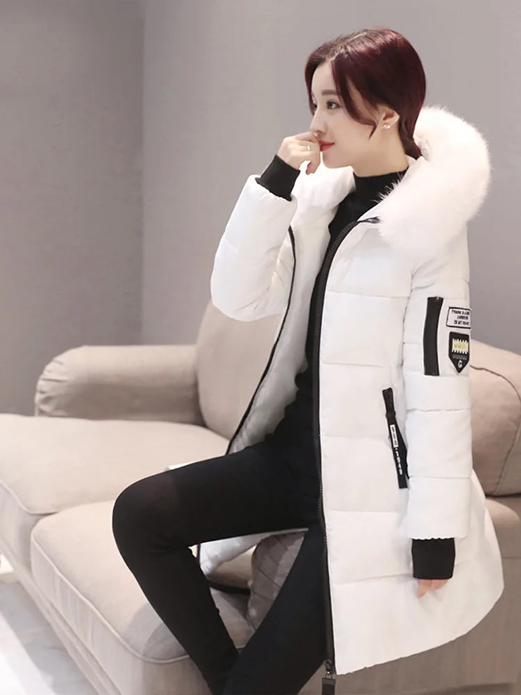 Women's Winter Coat with Fur Collar, Long and Elegant Jacket