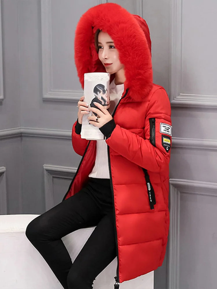 Women's Winter Coat with Fur Collar, Long and Elegant Jacket