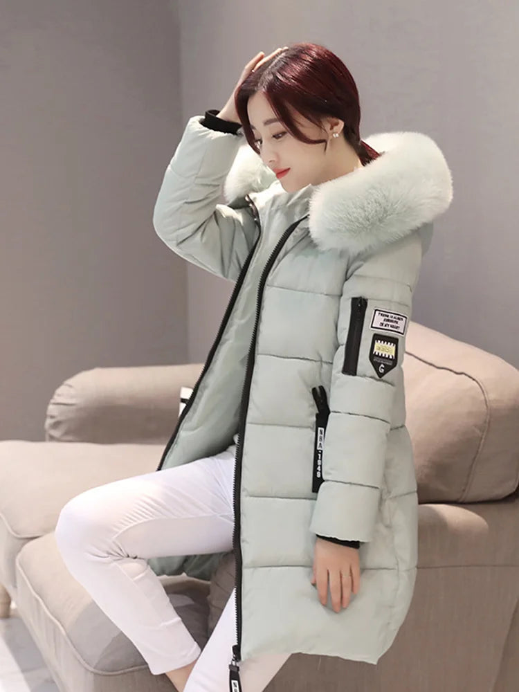 Women's Winter Coat with Fur Collar, Long and Elegant Jacket
