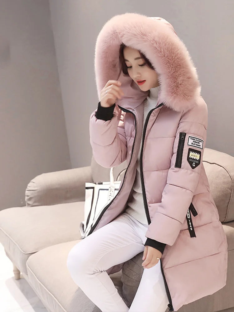 Women's Winter Coat with Fur Collar, Long and Elegant Jacket