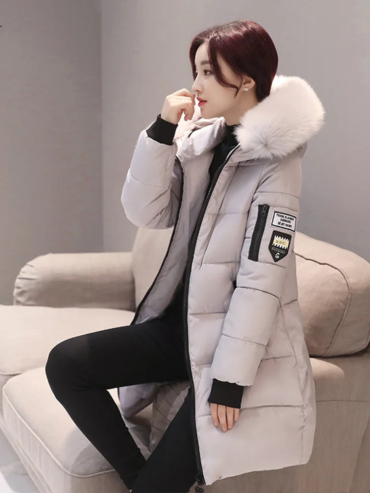Women's Winter Coat with Fur Collar, Long and Elegant Jacket
