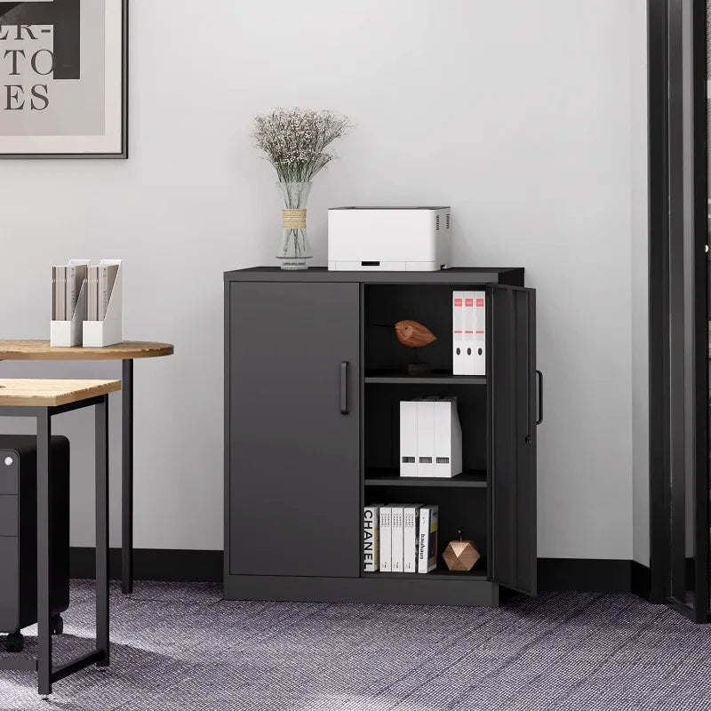 Black steel metal storage cabinet with lock and adjustable shelves