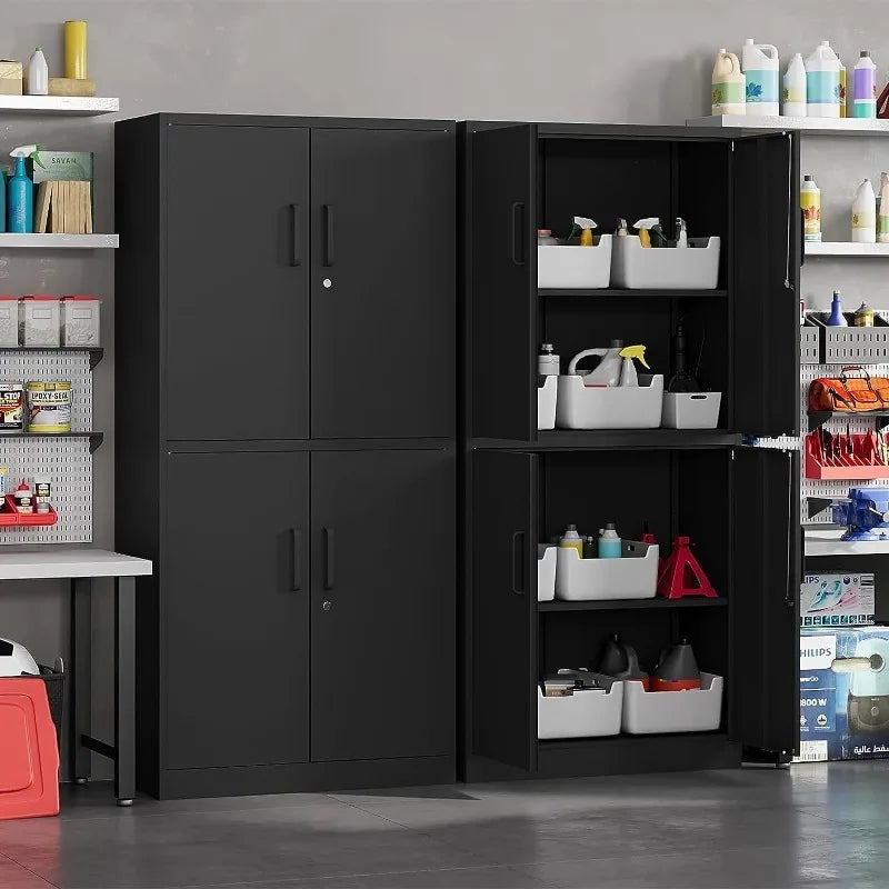Black steel metal storage cabinet with lock and adjustable shelves
