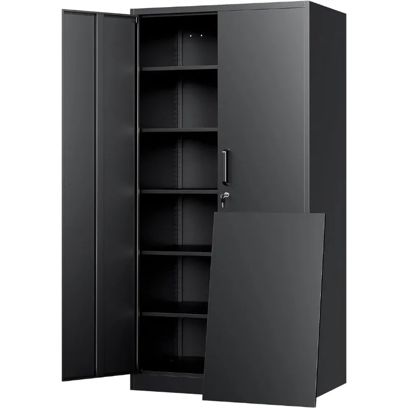Black steel metal storage cabinet with lock and adjustable shelves