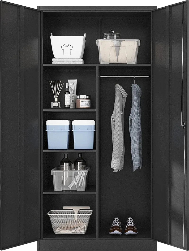 Black steel metal storage cabinet with lock and adjustable shelves