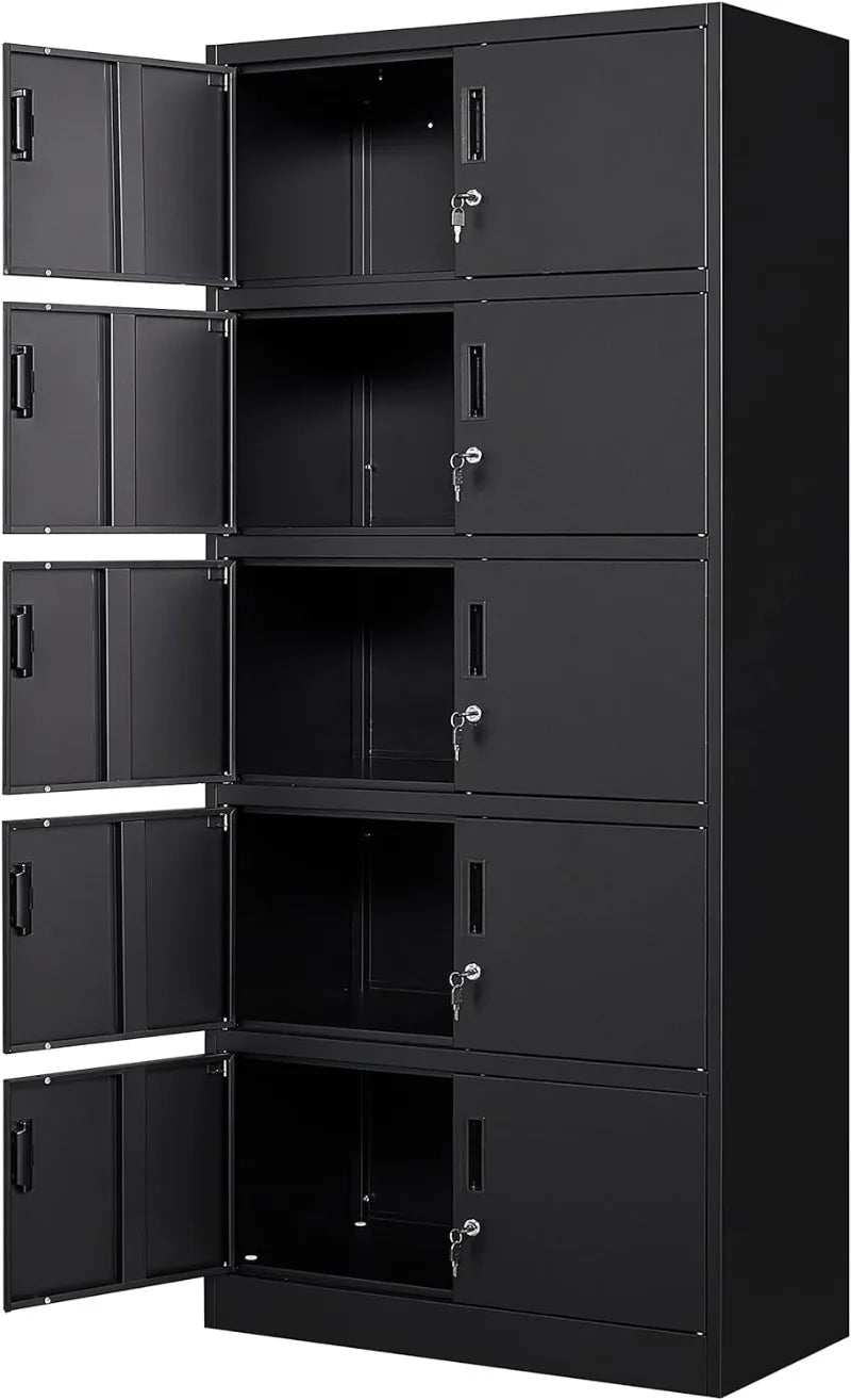 Black steel metal storage cabinet with lock and adjustable shelves