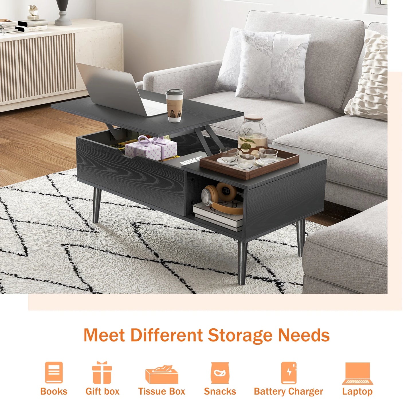 Living Room Top Coffee Tables 39.37" x 19.7" Wooden Dining Table Office Desk Adjustable Storage Shelf Easy to Lift Up or Down