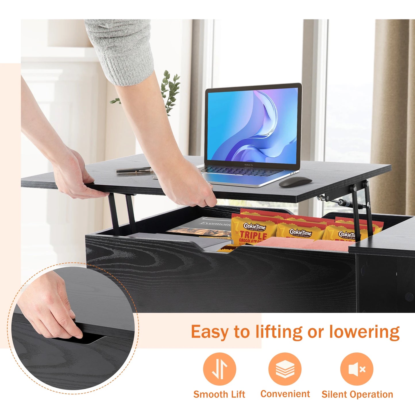 Living Room Top Coffee Tables 39.37" x 19.7" Wooden Dining Table Office Desk Adjustable Storage Shelf Easy to Lift Up or Down