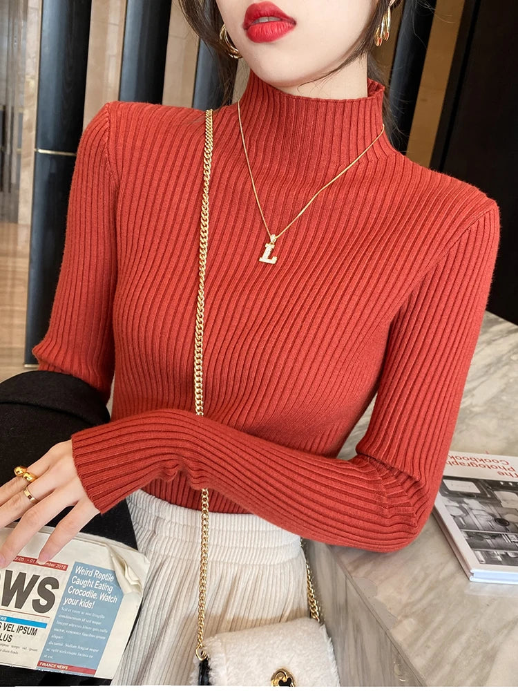 Women's basic elegant solid knit sweater with round neck and long sleeves