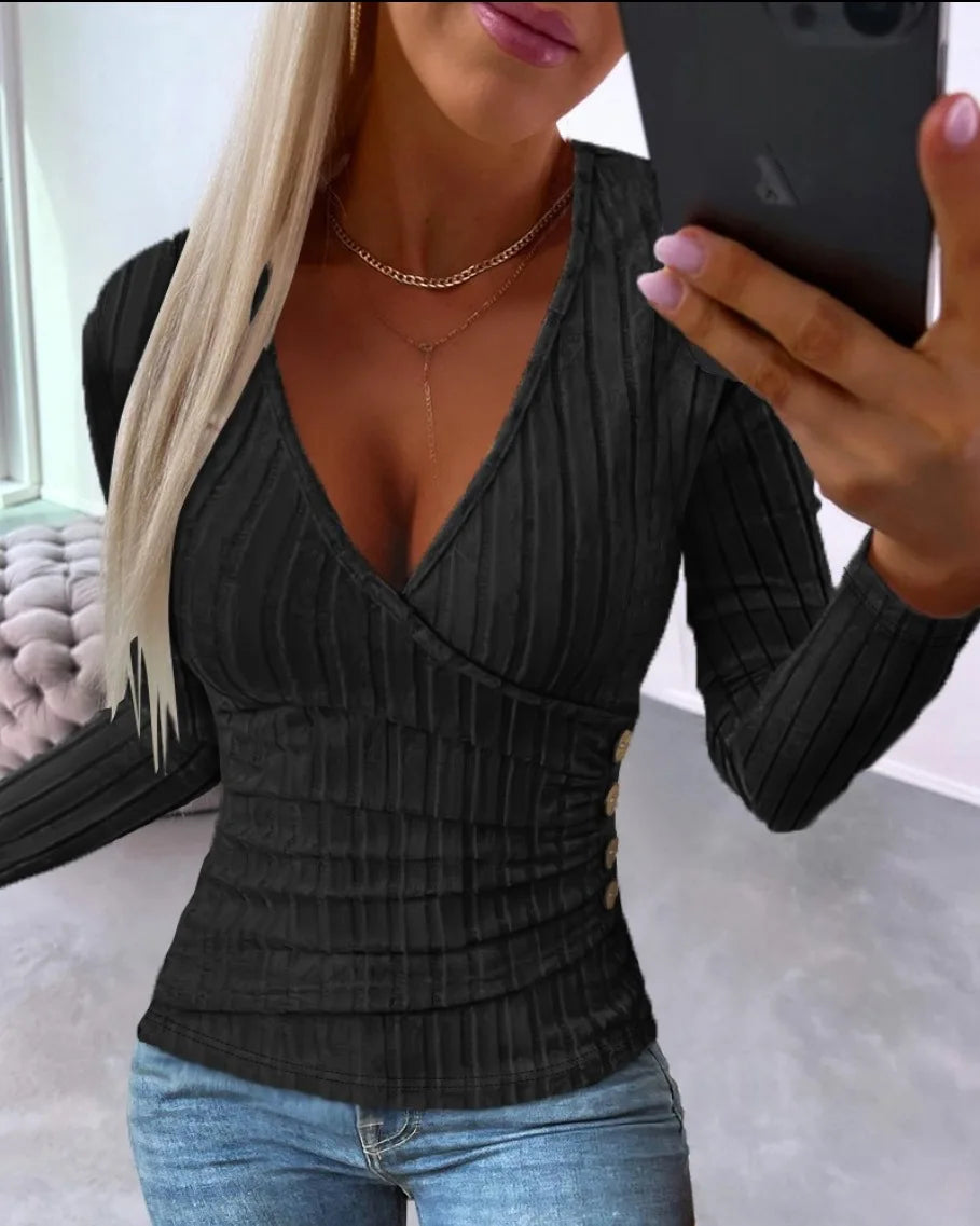 Women's Solid Faux Leather Pleated Blouse