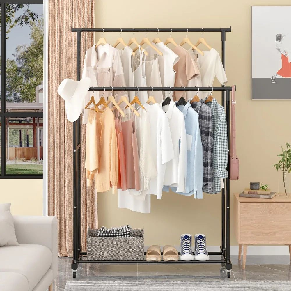 Double rod clothes rack with hooks