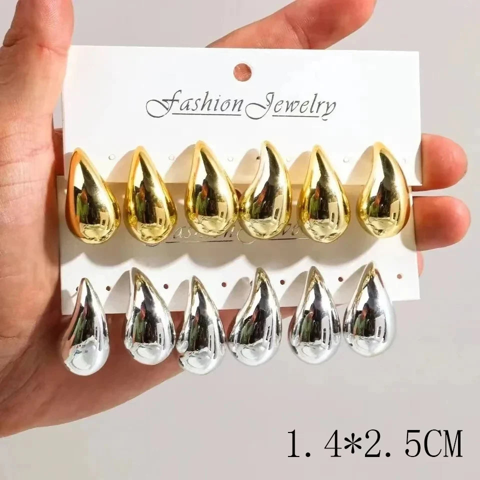 3 Pairs/Set Gold Plated Water Drop Hoop Earrings for Women