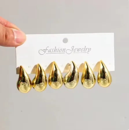 3 Pairs/Set Gold Plated Water Drop Hoop Earrings for Women