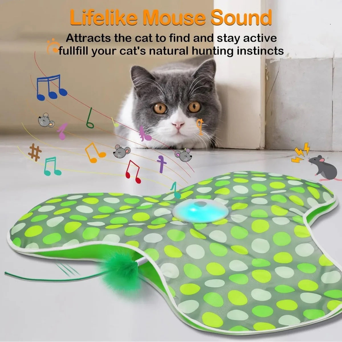 Interactive Cat Toys Rechargeable,Moving Concealed Feathers,Real Mouse Squeaky,Touch Activated Cat Kitten Toy Cat Exercise Toys