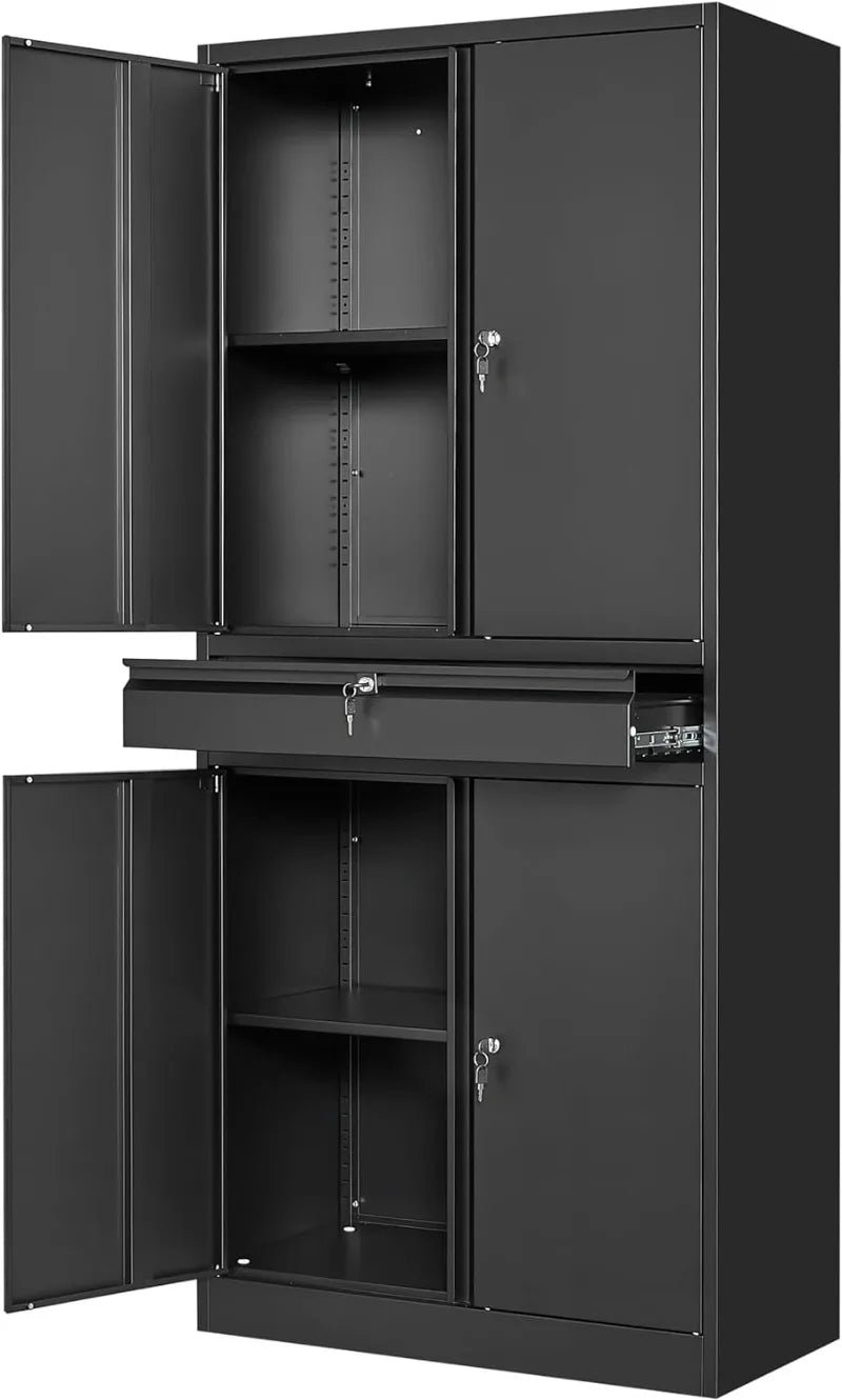 Black steel metal storage cabinet with lock and adjustable shelves