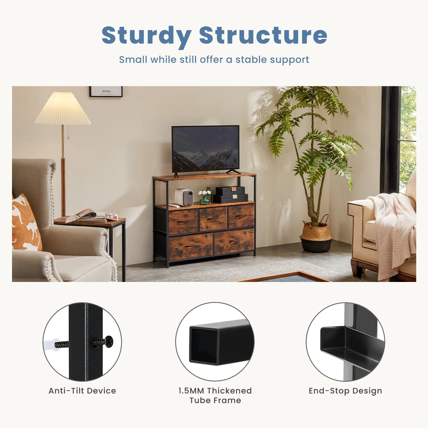 Fireplace TV Stand Cabinet for Bedroom with 5 Drawers