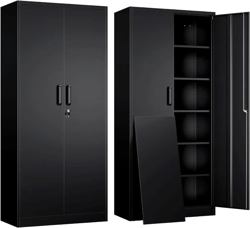 Black steel metal storage cabinet with lock and adjustable shelves