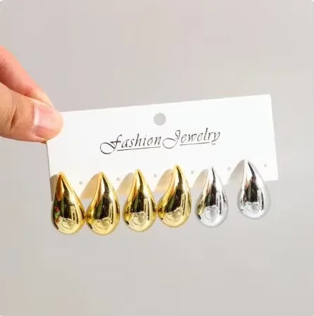 3 Pairs/Set Gold Plated Water Drop Hoop Earrings for Women