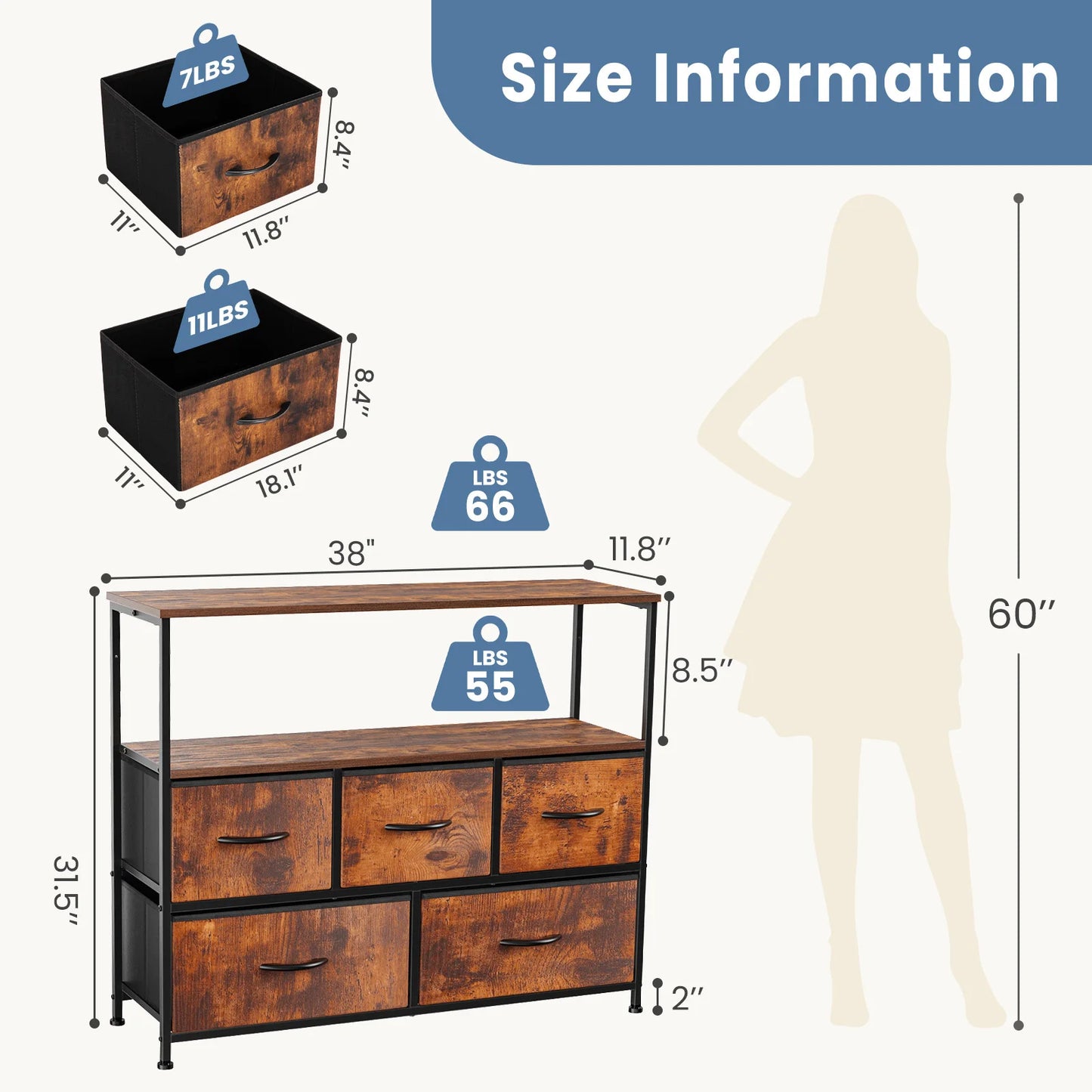 Fireplace TV Stand Cabinet for Bedroom with 5 Drawers