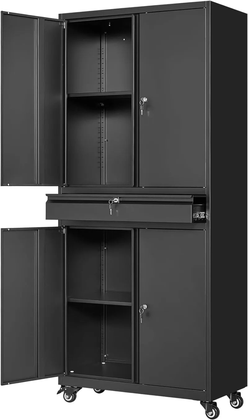Black steel metal storage cabinet with lock and adjustable shelves