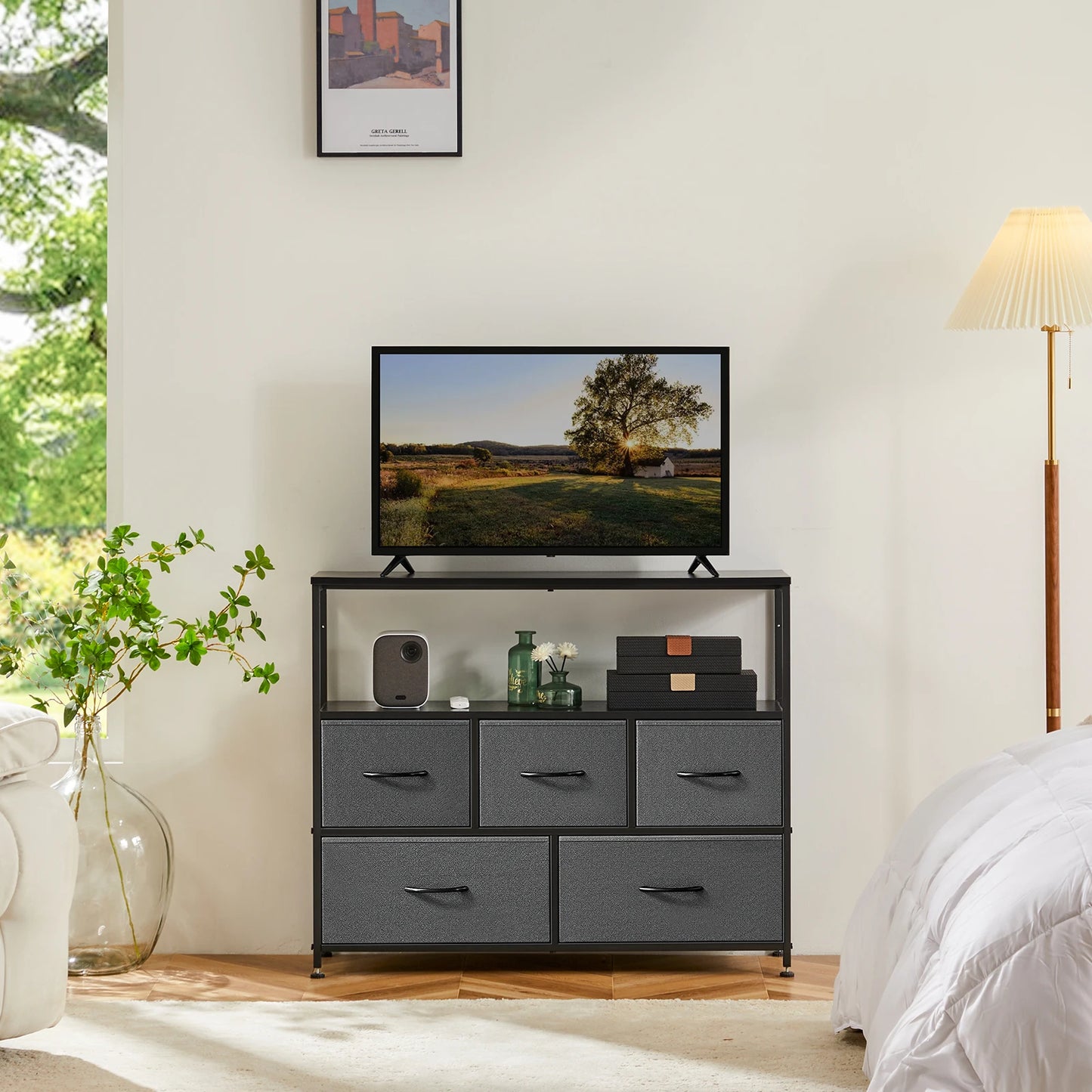 Fireplace TV Stand Cabinet for Bedroom with 5 Drawers