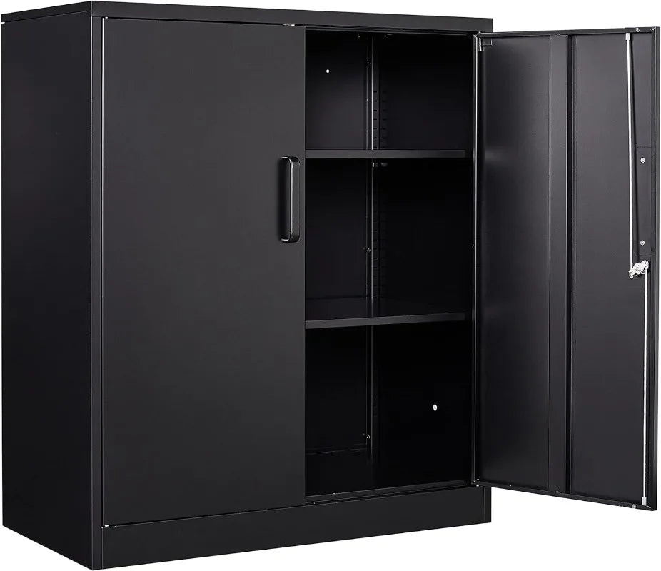 Black steel metal storage cabinet with lock and adjustable shelves