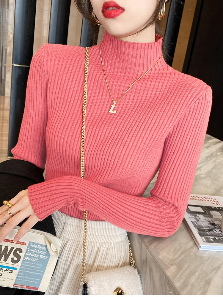 Women's basic elegant solid knit sweater with round neck and long sleeves