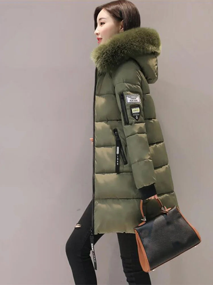 Women's Winter Coat with Fur Collar, Long and Elegant Jacket