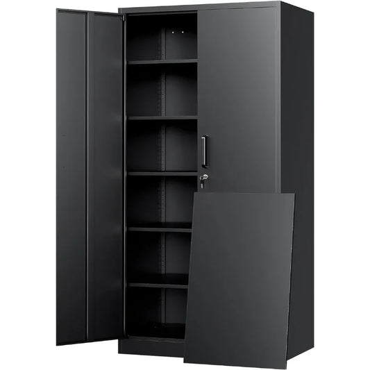 Black steel metal storage cabinet with lock and adjustable shelves