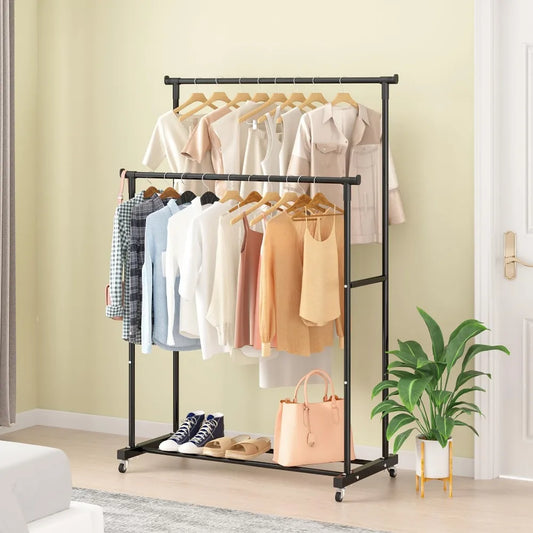 Double rod clothes rack with hooks
