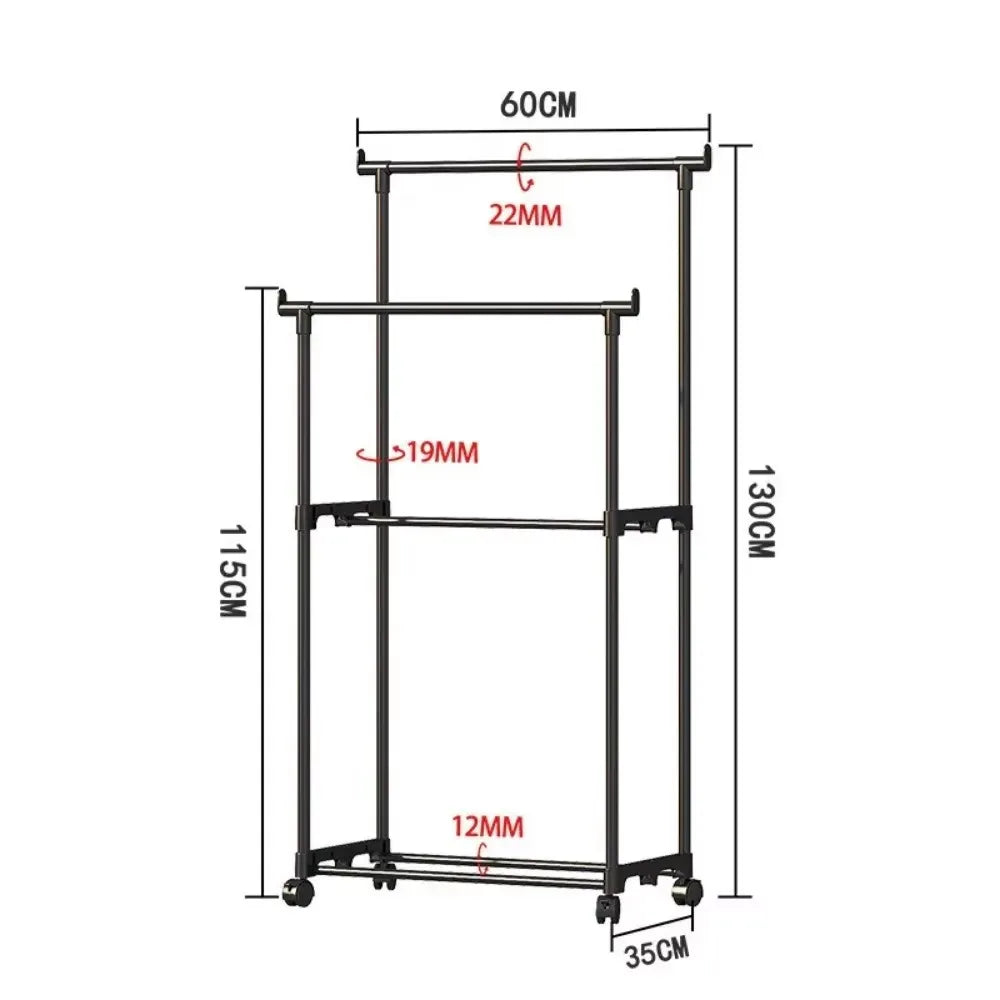Double rod clothes rack with hooks