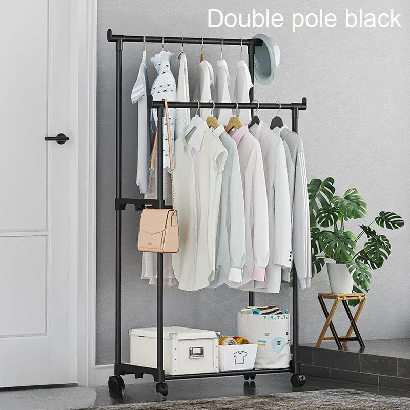 Double rod clothes rack with hooks
