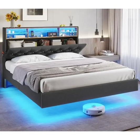 Floating bed in different colors, upholstered in linen