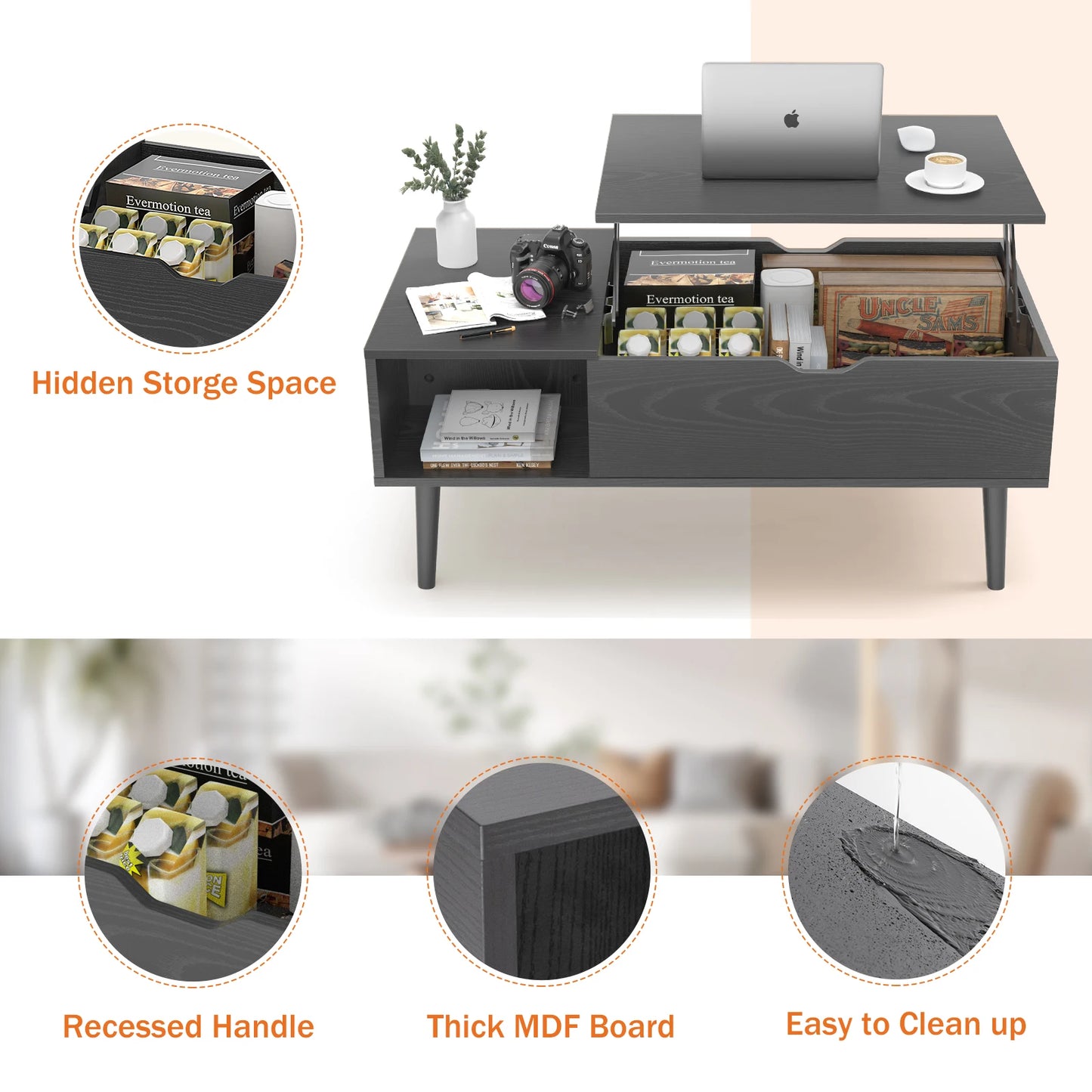 Living Room Top Coffee Tables 39.37" x 19.7" Wooden Dining Table Office Desk Adjustable Storage Shelf Easy to Lift Up or Down