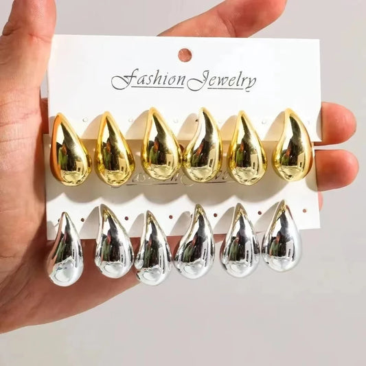 3 Pairs/Set Gold Plated Water Drop Hoop Earrings for Women