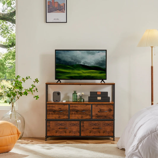 Fireplace TV Stand Cabinet for Bedroom with 5 Drawers